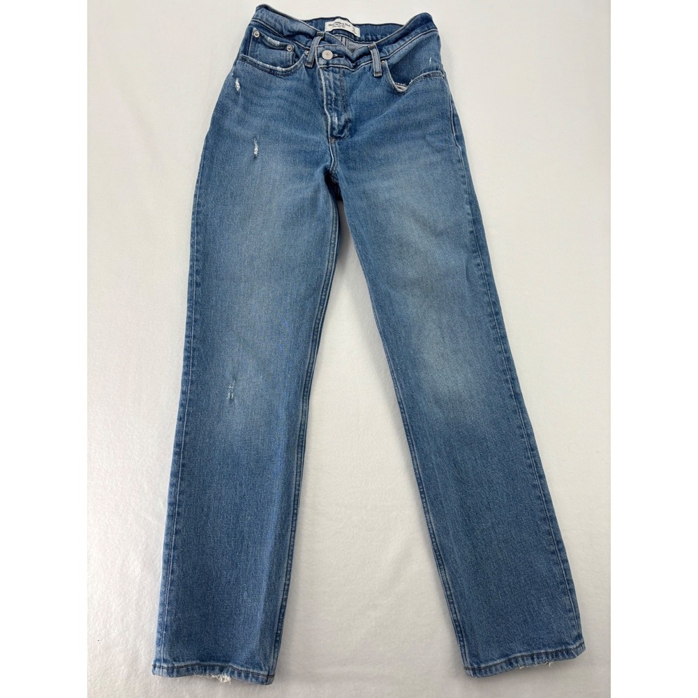 Abercrombie & Fitch 90s Straight Jeans Womens 25 Short Blue Distressed High Rise
